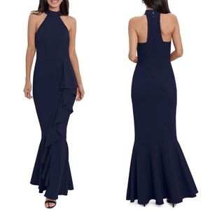 NWT Betsy & Adam High Neck Ruffle Detail Gown in Navy Sz. 4